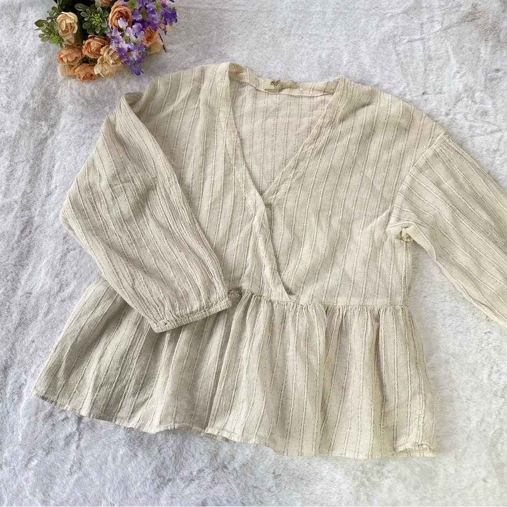 Madewell White Pink Metallic Striped Peplum Top Medium - Picture 3 of 10